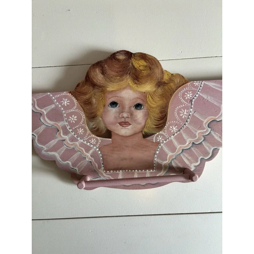 Vintage Signed ‘84 Angel Plaque with Rack Holder Folk Art Cottagecore Nursery